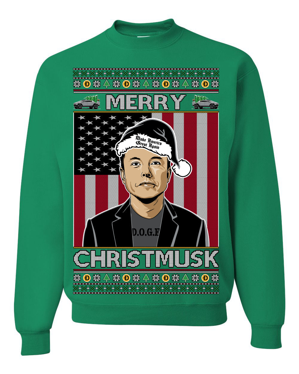 Merry Christmusk Funny Dark MAGA Santa Elon Doge Meme Ugly Christmas Sweater Crewneck Sweatshirts