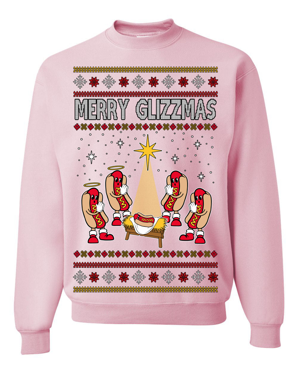 Merry Glizzmas, Funny Glizzy Hot Dog Baby Jesus Catholic Nativity, Fast Food Mustard Condiment Glizzys Humor Ugly Christmas Sweater Crewneck Sweatshirt