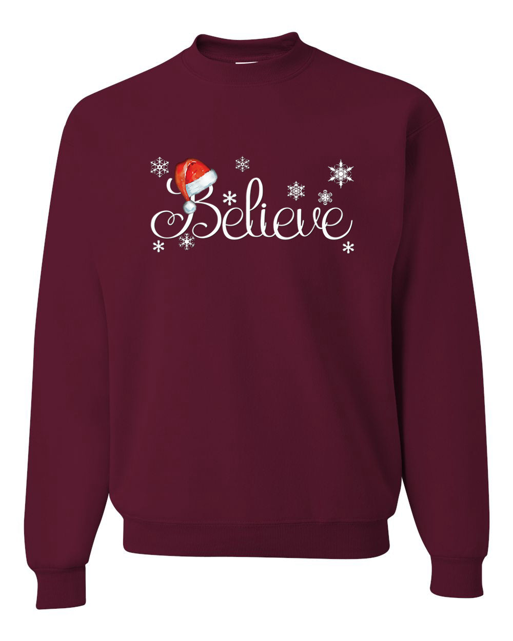 Santa Hat Snowflake Believe Merry Christmas Unisex Crewneck Graphic Sweatshirt