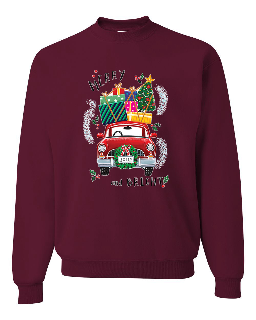 Merry and Bright Red Car Merry Christmas Unisex Crewneck Graphic Sweatshirt