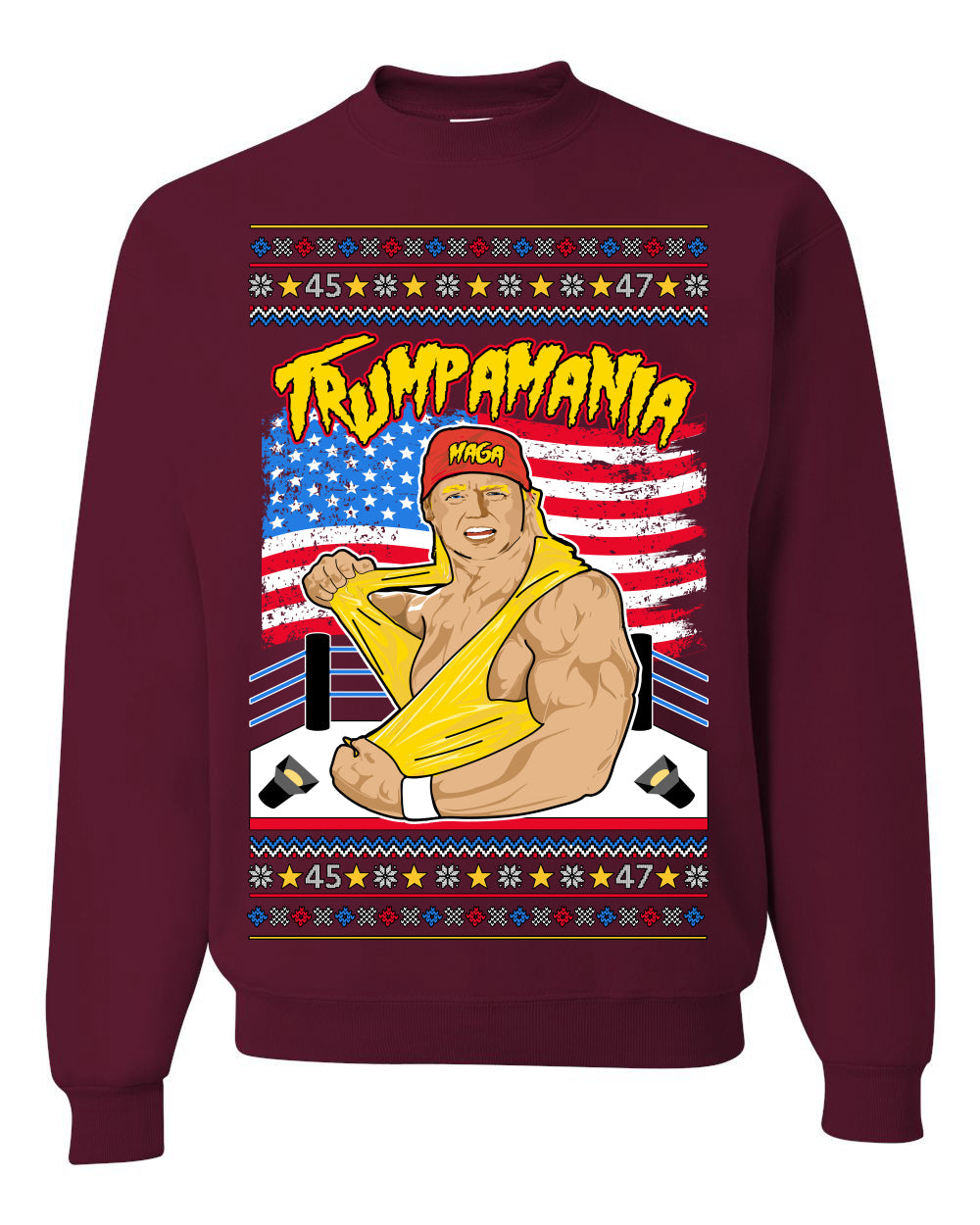 Trumpamania Funny Hogan 80s USA Wrestling Sports Parody Ugly Christmas Sweater Crewneck Sweatshirt