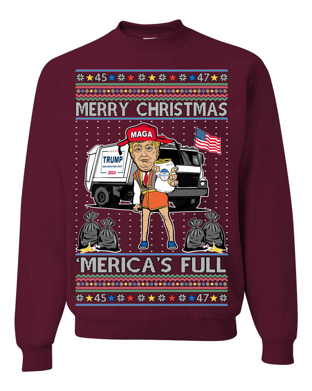 Donald Trump Merry Christmas Merica's Full Garbage Truck Ugly Christmas Sweater Crewneck Sweatshirt