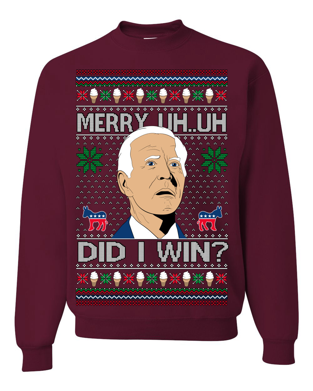 Merry Uh Did I Win? Funny Confused Joe Biden Election 2024 Ugly Christmas Sweater Crewneck Sweatshirt