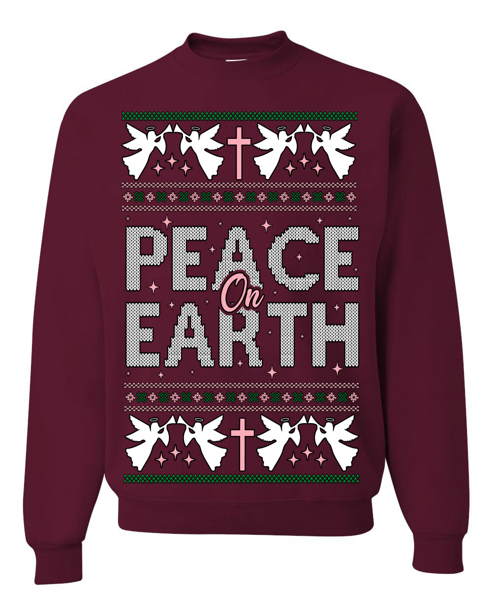 Peace On Earth Funny Xmas Cute Pink Angel Cross Ugly Christmas Sweater Crewneck Sweatshirt