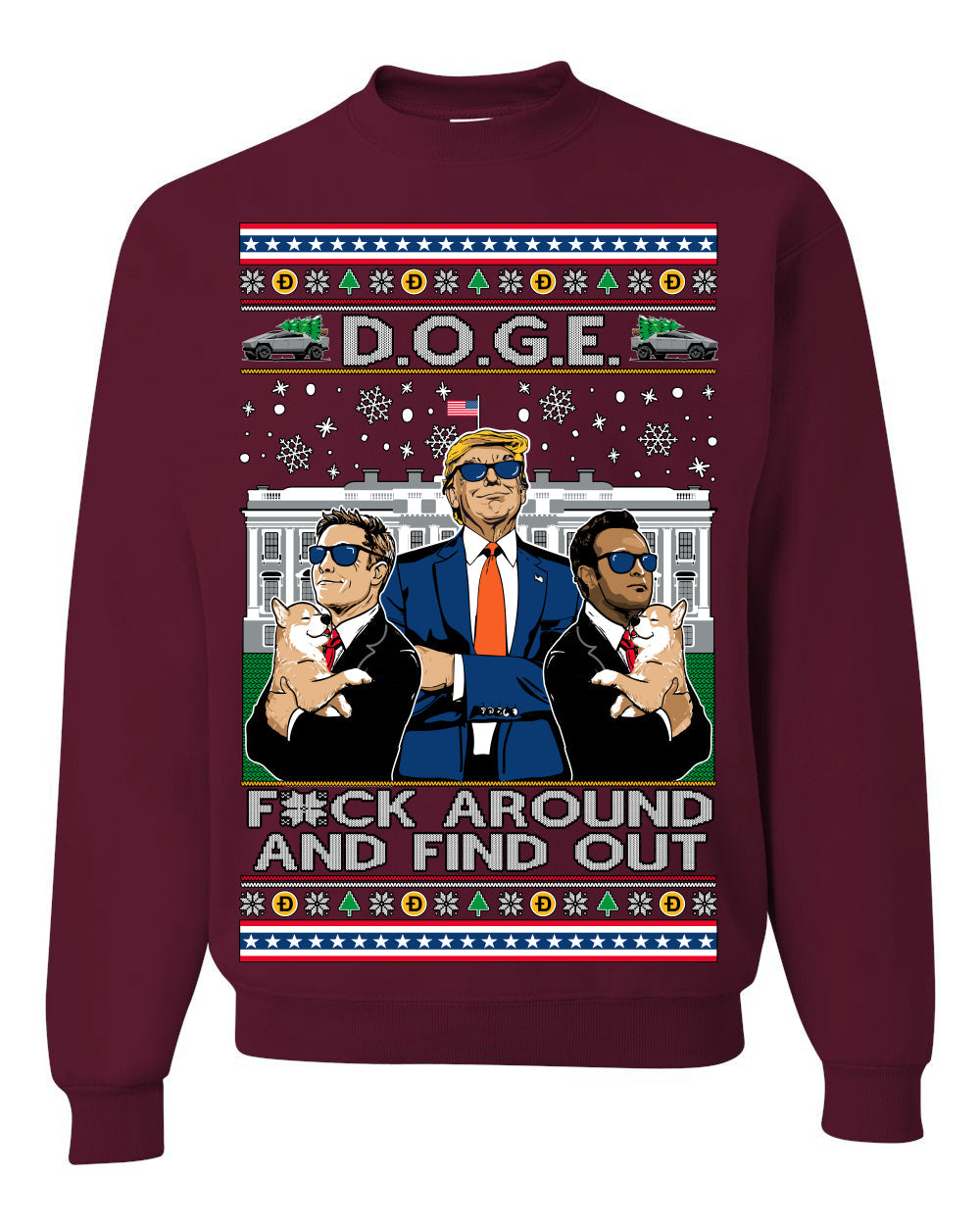 Doge F Around and Find Out Donald Trump Elon Vivek MAGA Ugly Christmas Sweater Crewneck Sweatshirt