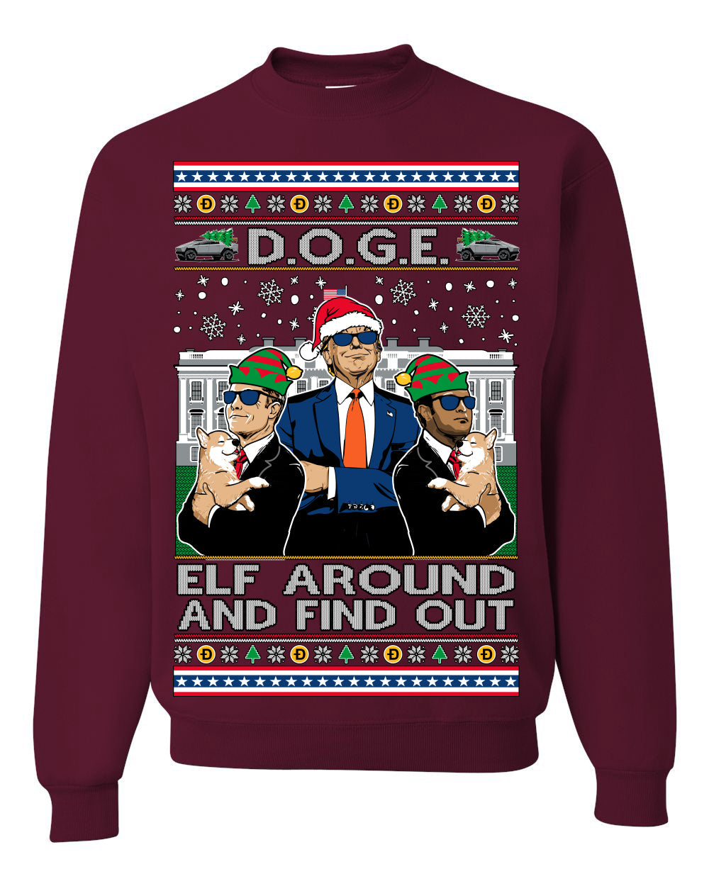 Doge Elf Around and Find Out Trump Elon Vivek MAGA Ugly Christmas Sweater Crewneck Sweatshirt