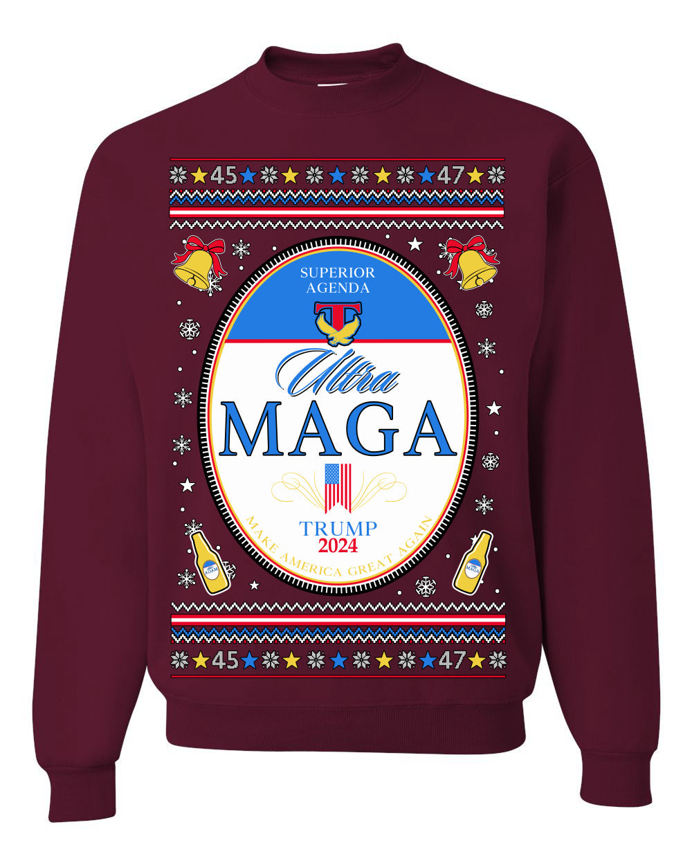 Ultra MAGA Superior Agenda Trump 2024 Funny Beer Logo Ugly Christmas Sweater Crewneck Sweatshirt