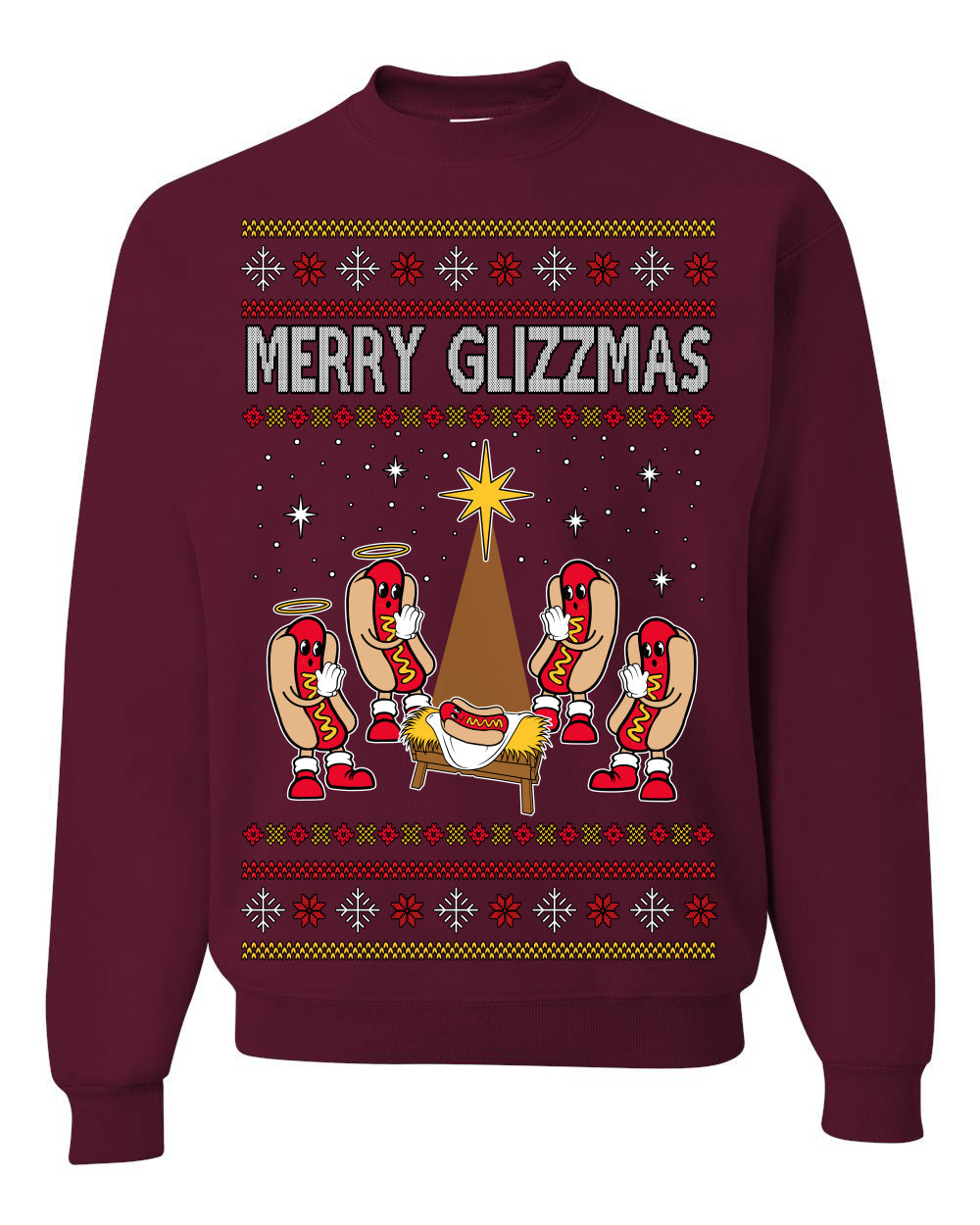 Merry Glizzmas, Funny Glizzy Hot Dog Baby Jesus Catholic Nativity, Fast Food Mustard Condiment Glizzys Humor Ugly Christmas Sweater Crewneck Sweatshirt