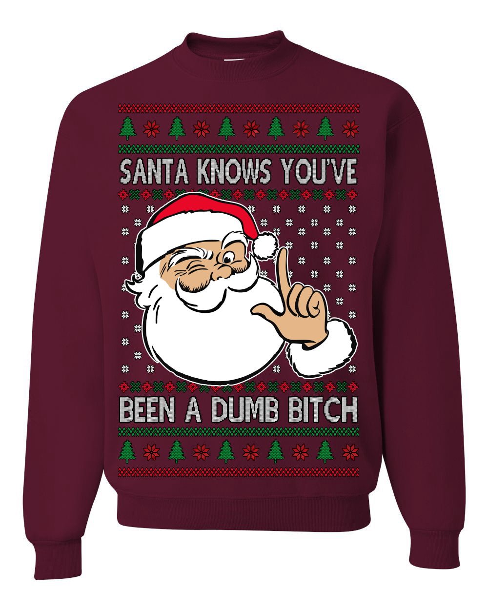 Santa Knows You've Been a Dumb Bitch Funny Vulgar Dirty Ugly Christmas Sweater Crewneck Sweatshirt