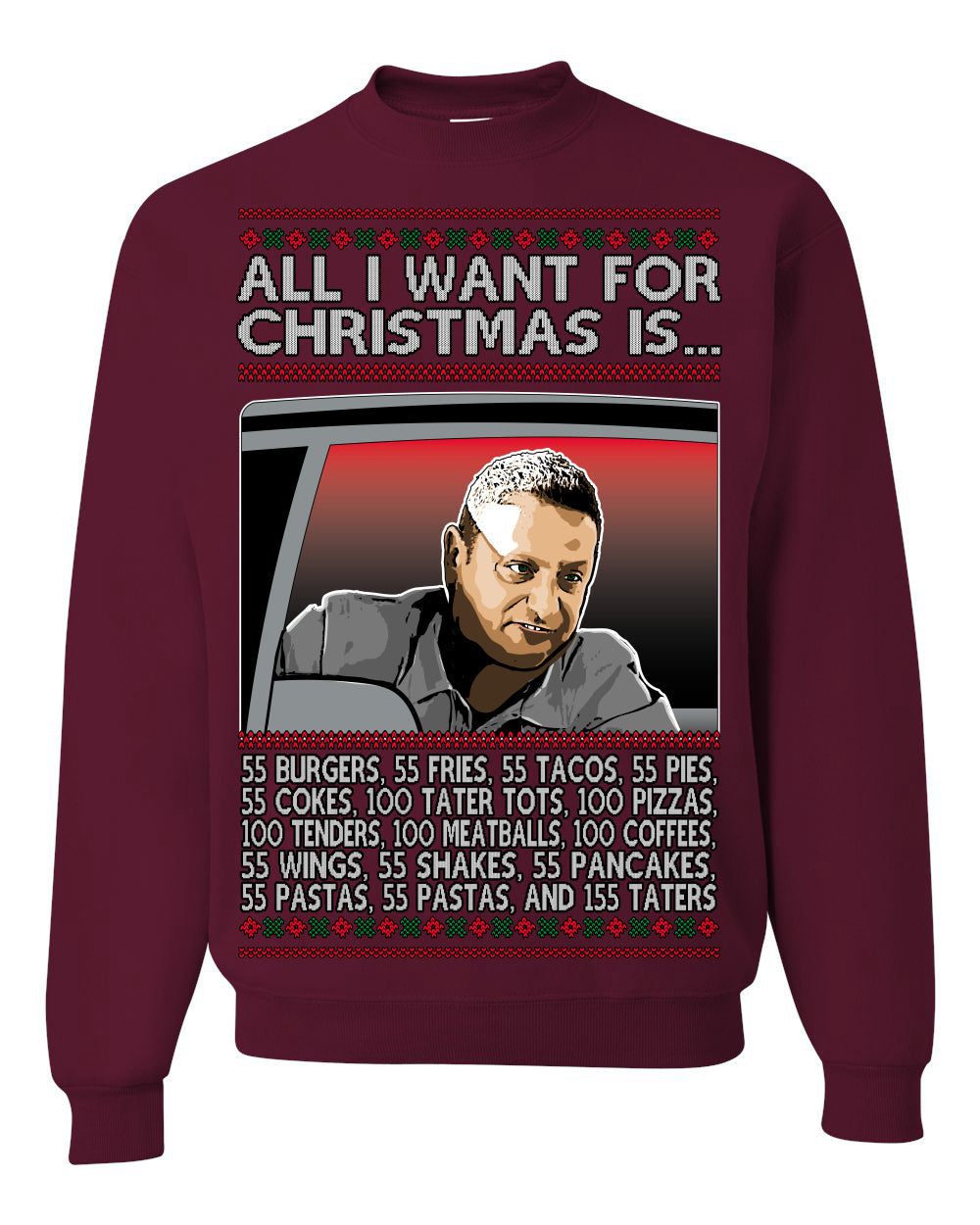 All I Want for Christmas Is 55 Burgers 55 Fries 55 Tacos 55 Pies, Funny Viral I Think Tim TV Show Gen Z Alpha Brainrot Meme Ugly Christmas Sweater Crewneck Sweatshirt