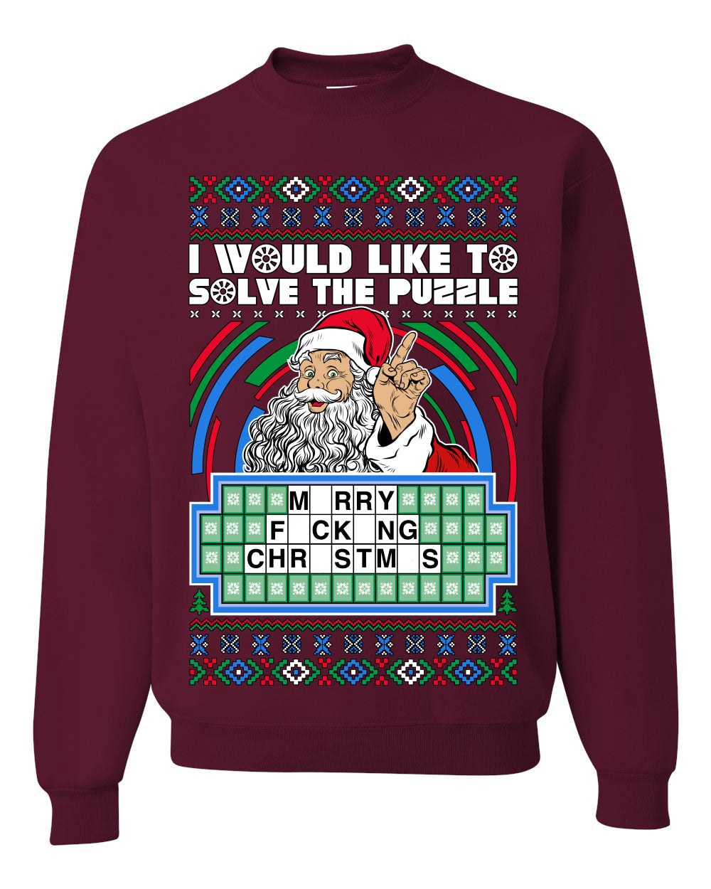 Santa Game Show I'd Like To Solve the Puzzle Wheel Ugly Christmas Sweater Unisex Crewneck Sweatshirt