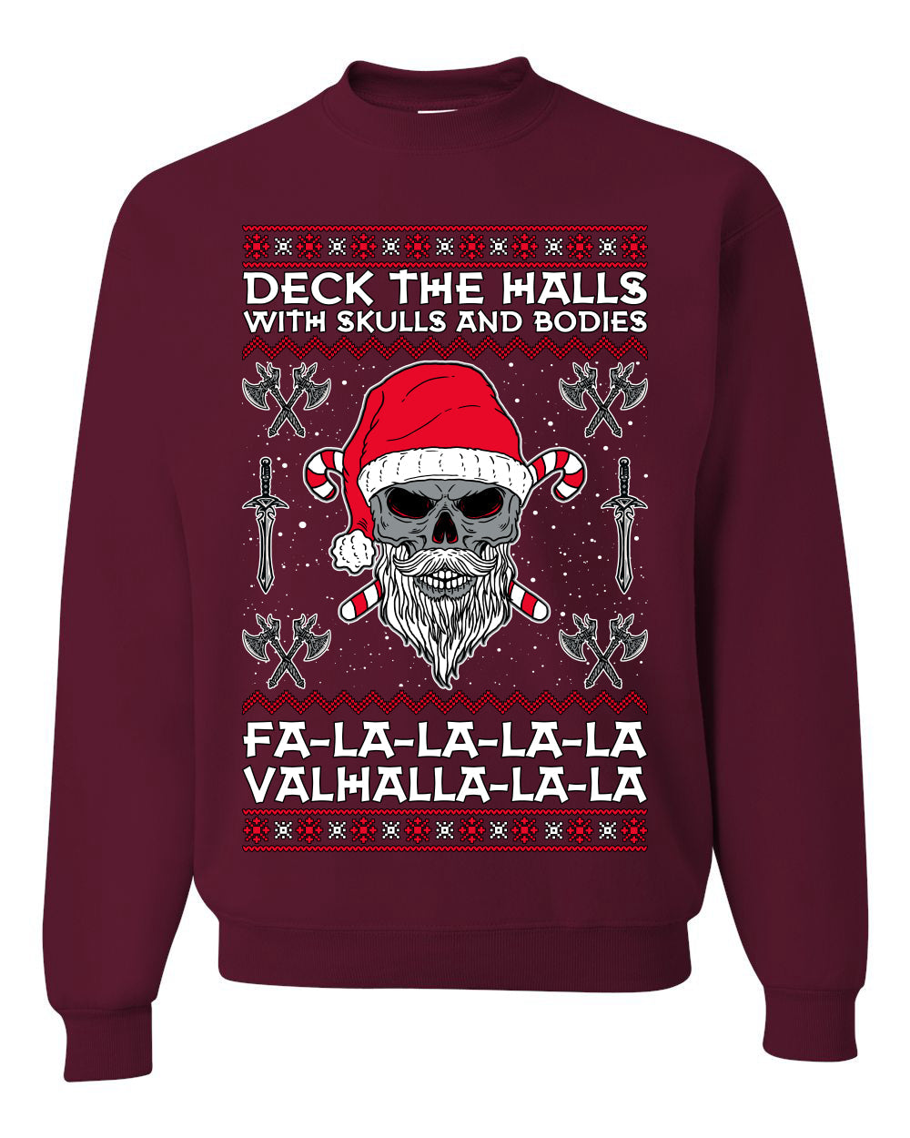 Valhalla Deck The Halls With Skulls & Bodies Ugly Christmas Sweater Unisex Crewneck Sweatshirt