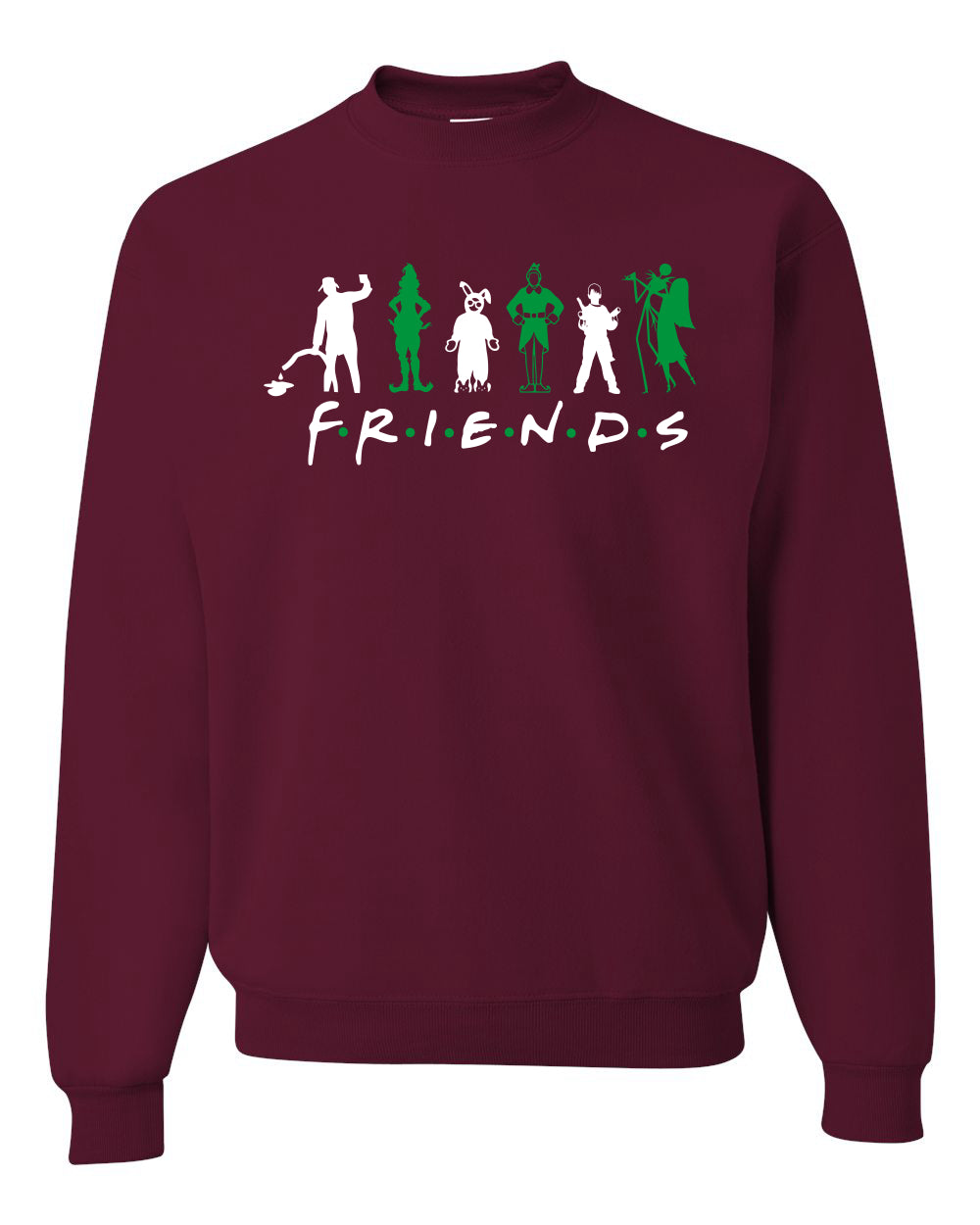 Iconic Holiday Movie Characters Friends Parody Green White Ugly Christmas Sweater Unisex Crewneck Sweatshirt