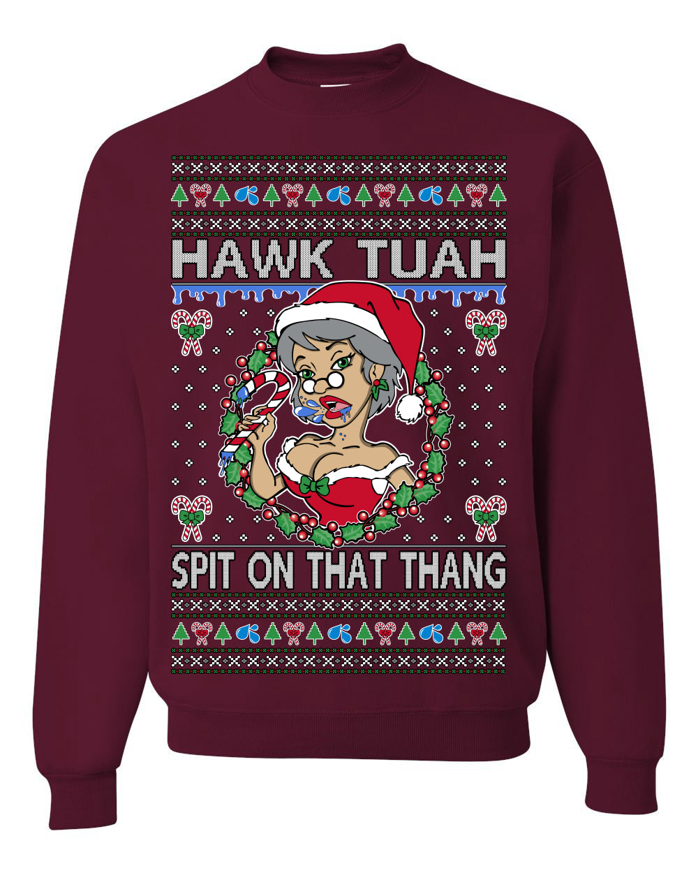 Hawk Tuah Spit On That Thang Mrs Claus Funny Meme Ugly Christmas Sweater