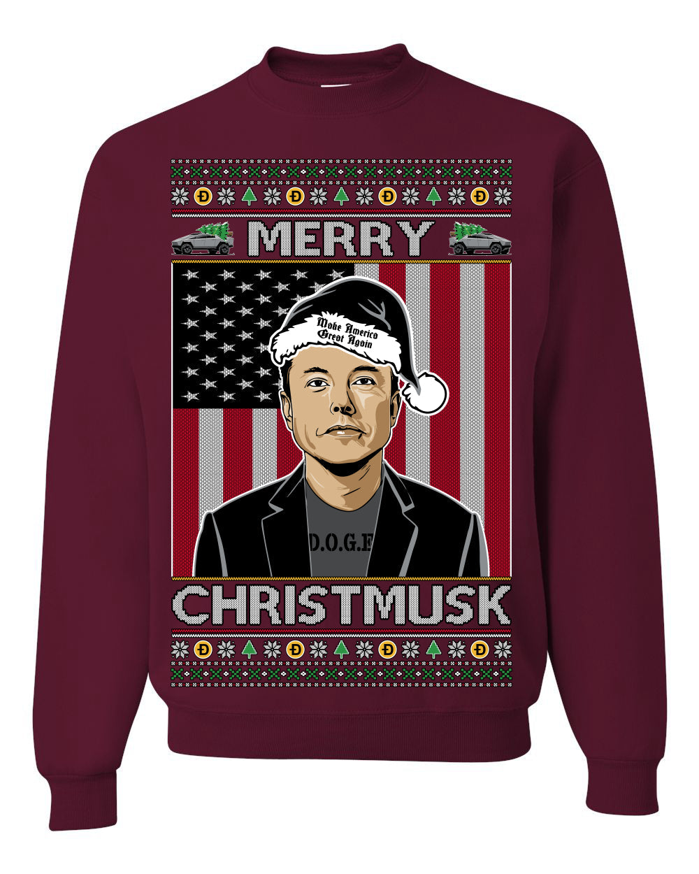 Merry Christmusk Funny Dark MAGA Santa Elon Doge Meme Ugly Christmas Sweater Crewneck Sweatshirts