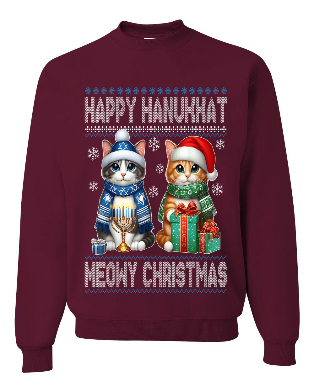Happy Hanukkat Meowy Christmas, Unisex Ugly Christmas Sweater, Crewneck Sweatshirts