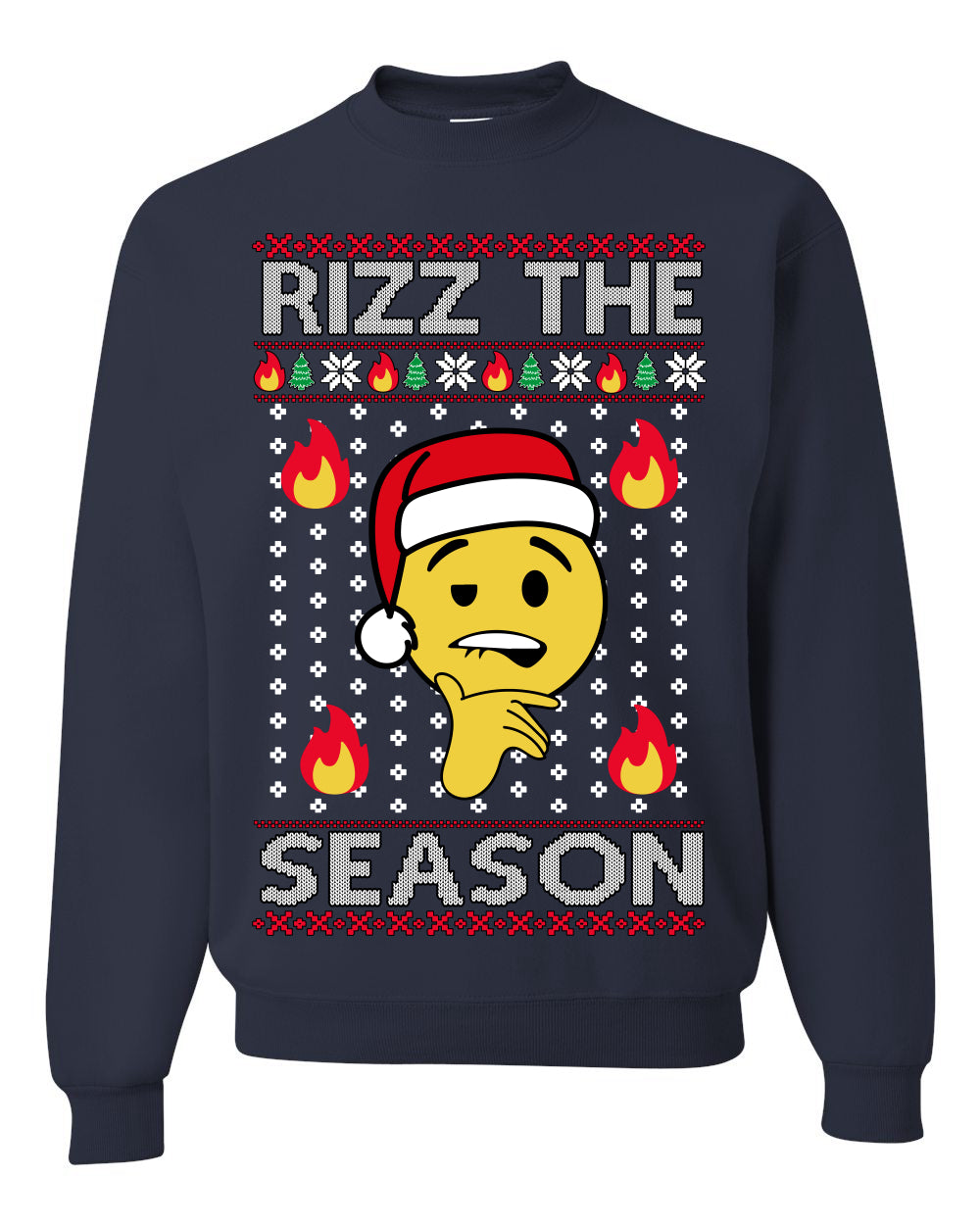 Rizz the Season Viral Internet Fire Emoji Face Meme Ugly Christmas Sweater Crewneck Sweatshirt
