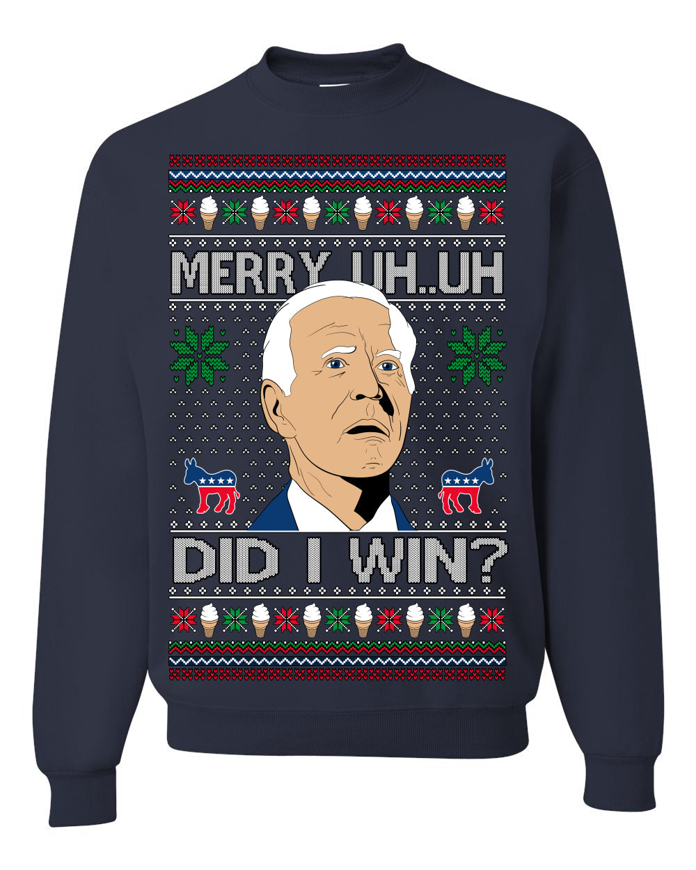 Merry Uh Did I Win? Funny Confused Joe Biden Election 2024 Ugly Christmas Sweater Crewneck Sweatshirt