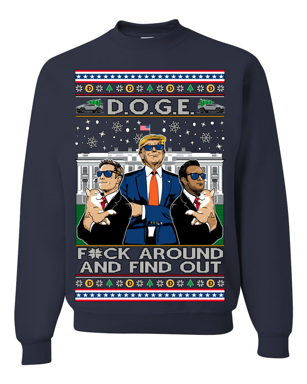 Doge F Around and Find Out Donald Trump Elon Vivek MAGA Ugly Christmas Sweater Crewneck Sweatshirt
