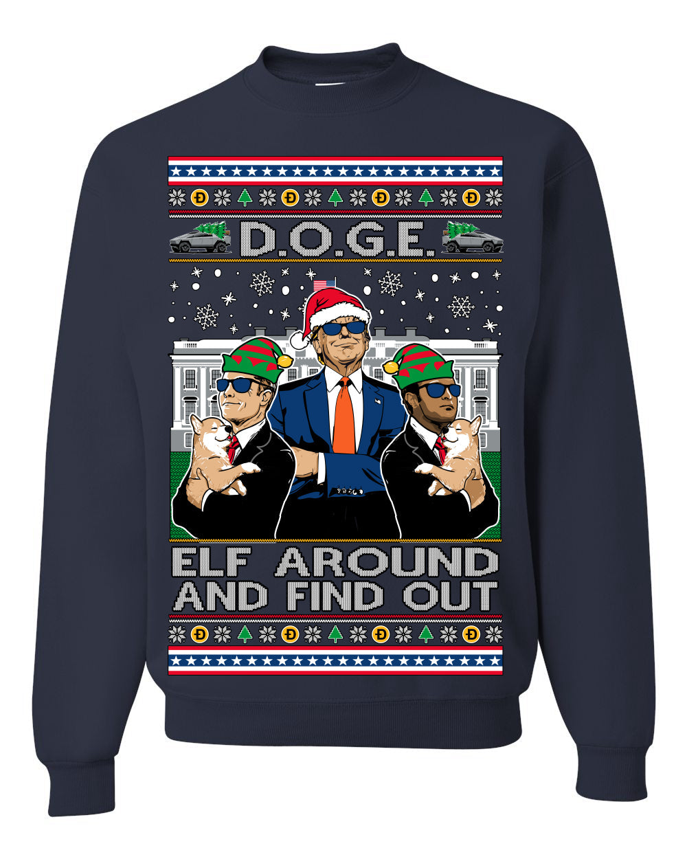 Doge Elf Around and Find Out Trump Elon Vivek MAGA Ugly Christmas Sweater Crewneck Sweatshirt