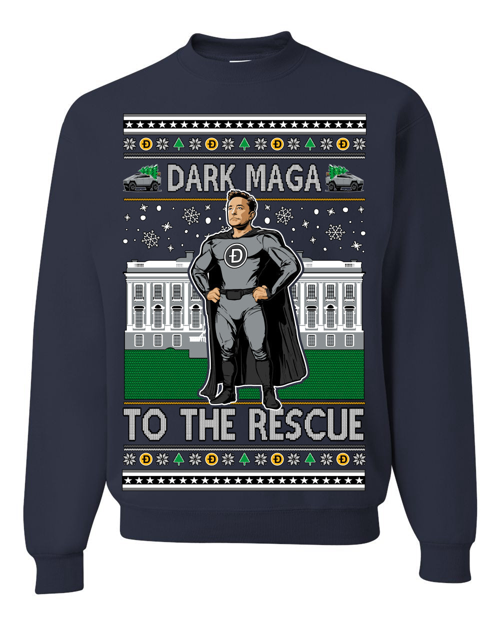 Dark MAGA to the Rescue Elon Superhero Doge Crypto Ugly Christmas Sweater Crewneck Sweatshirt