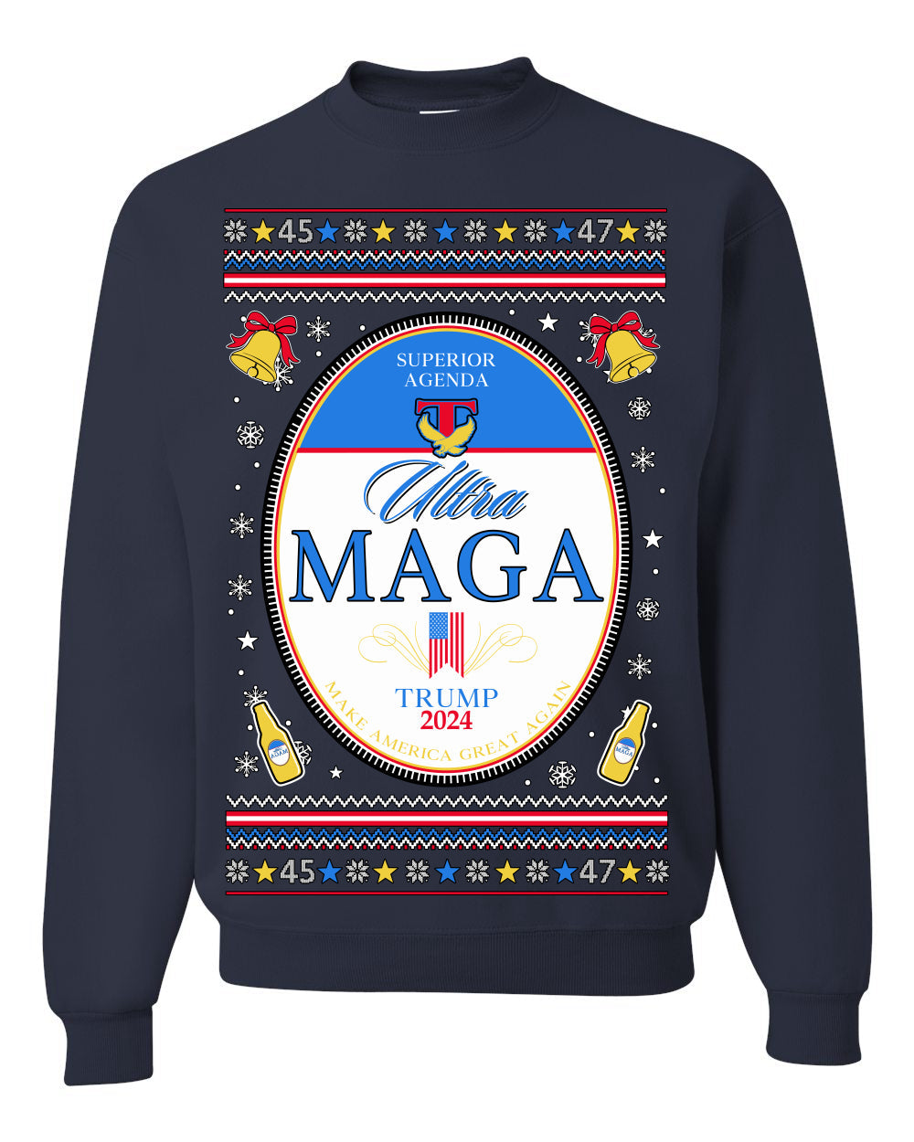 Ultra MAGA Superior Agenda Trump 2024 Funny Beer Logo Ugly Christmas Sweater Crewneck Sweatshirt