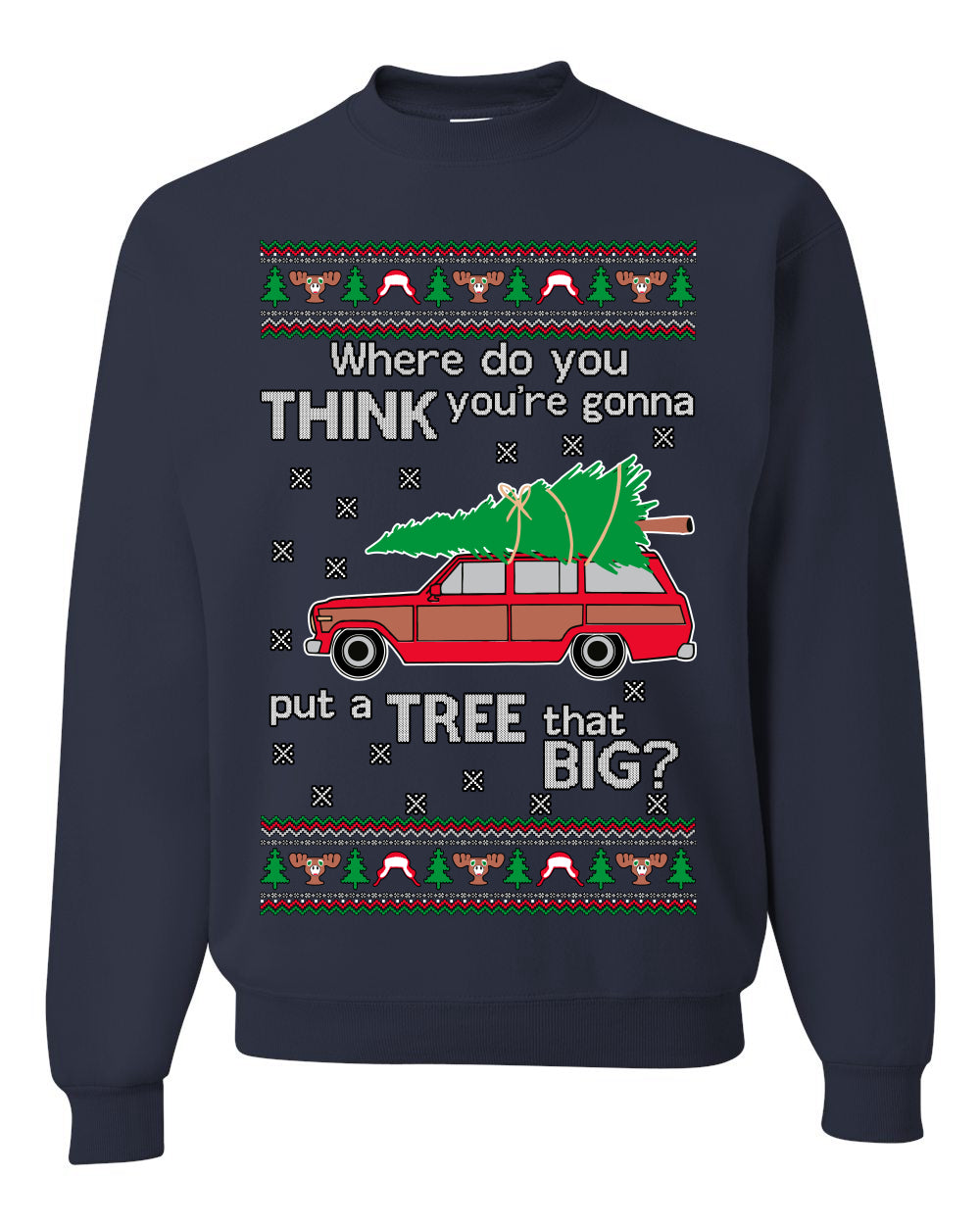 Where-Do-You-Think-You're-Gonna-Put-A-Tree-That-Big-Colored Ugly Christmas Sweater Unisex Crewneck Sweatshirt