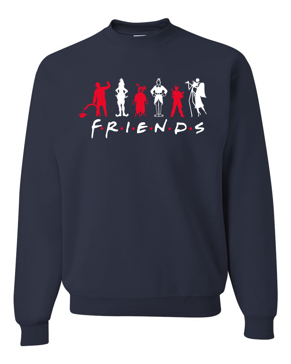 Iconic Holiday Movie Charcters Friends Parody Red White Ugly Christmas Sweater Unisex Crewneck Sweatshirt
