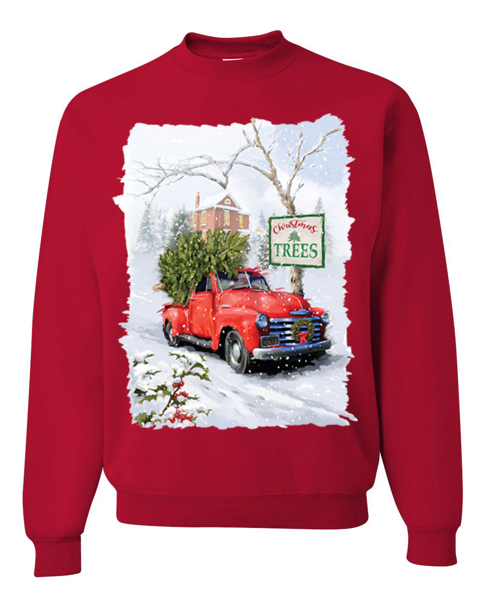 Winter Merry Christmas Trees Festive Red Truck Merry Christmas Unisex Crewneck Graphic Sweatshirt