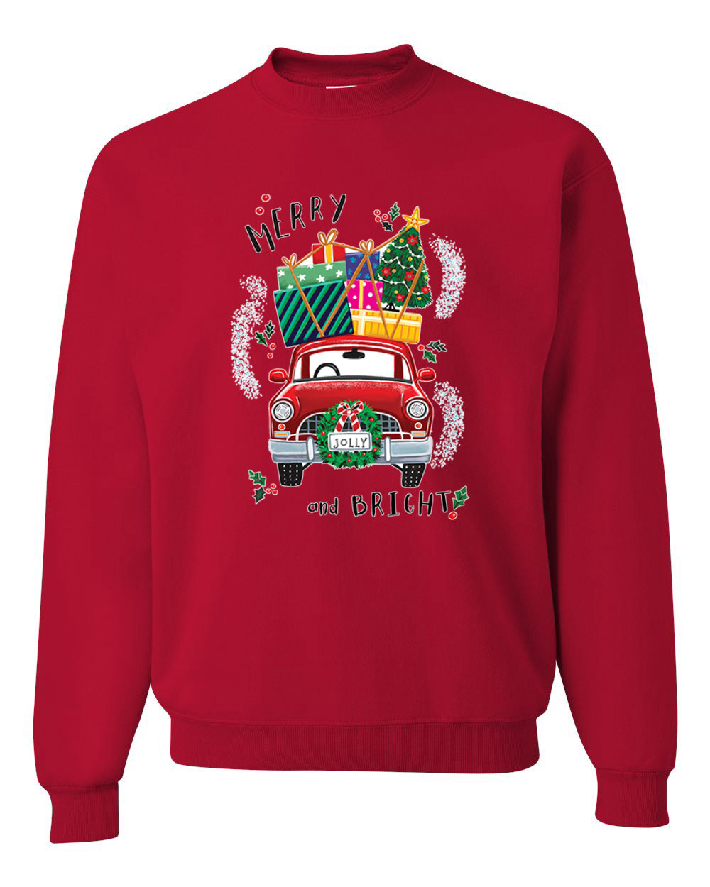 Merry and Bright Red Car Merry Christmas Unisex Crewneck Graphic Sweatshirt