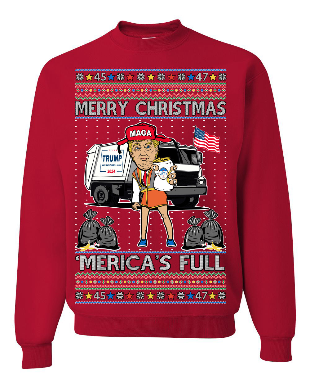 Donald Trump Merry Christmas Merica's Full Garbage Truck Ugly Christmas Sweater Crewneck Sweatshirt