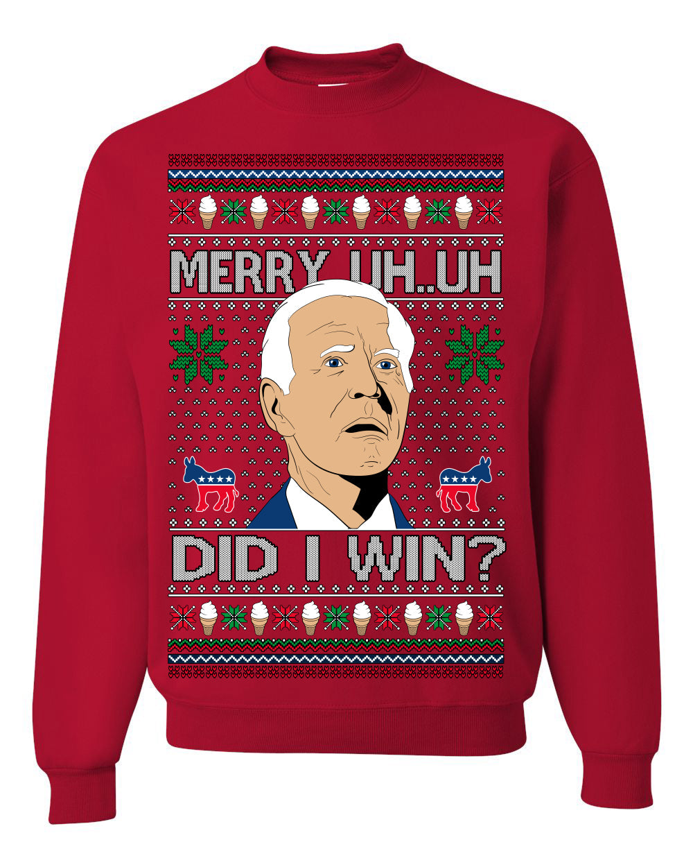 Merry Uh Did I Win? Funny Confused Joe Biden Election 2024 Ugly Christmas Sweater Crewneck Sweatshirt
