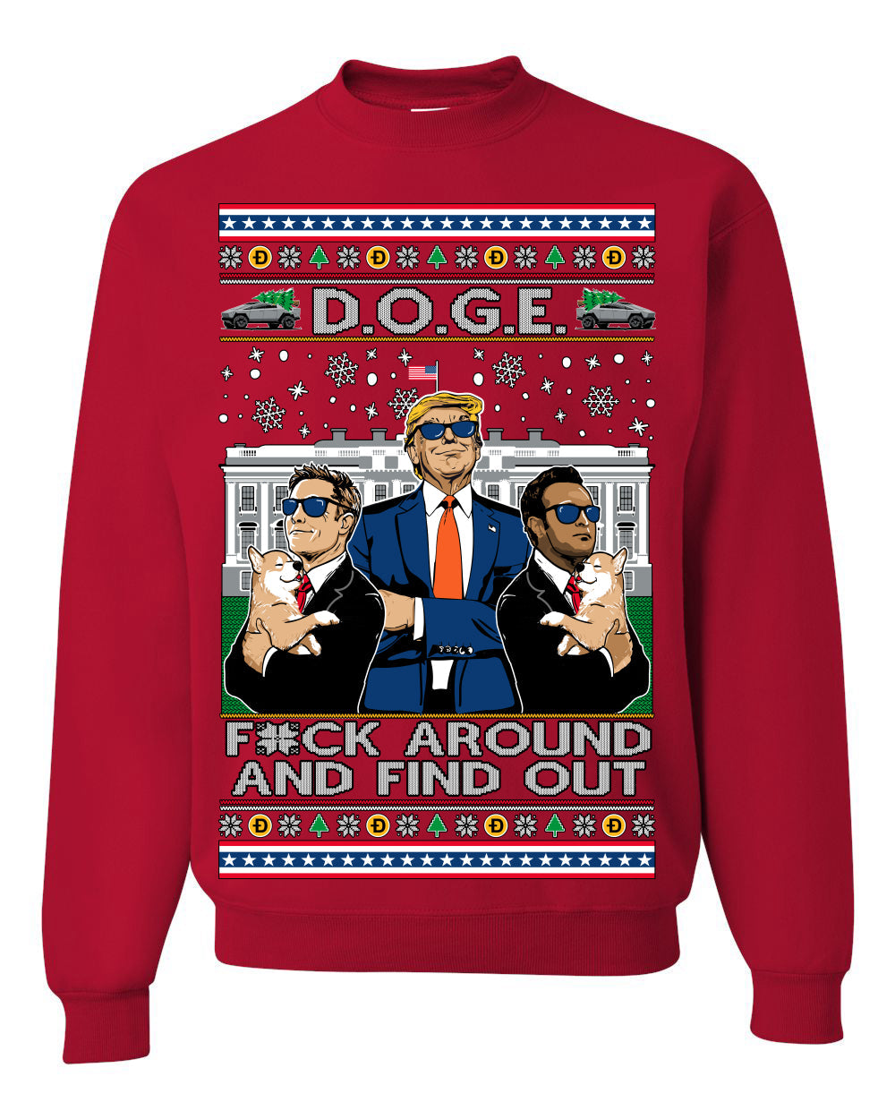 Doge F Around and Find Out Donald Trump Elon Vivek MAGA Ugly Christmas Sweater Crewneck Sweatshirt