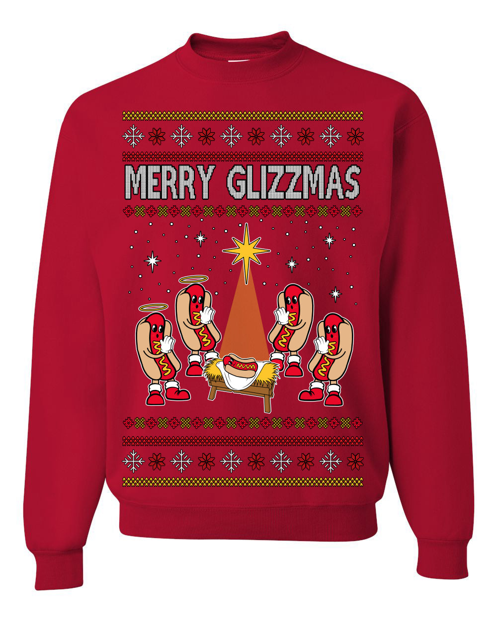 Merry Glizzmas, Funny Glizzy Hot Dog Baby Jesus Catholic Nativity, Fast Food Mustard Condiment Glizzys Humor Ugly Christmas Sweater Crewneck Sweatshirt