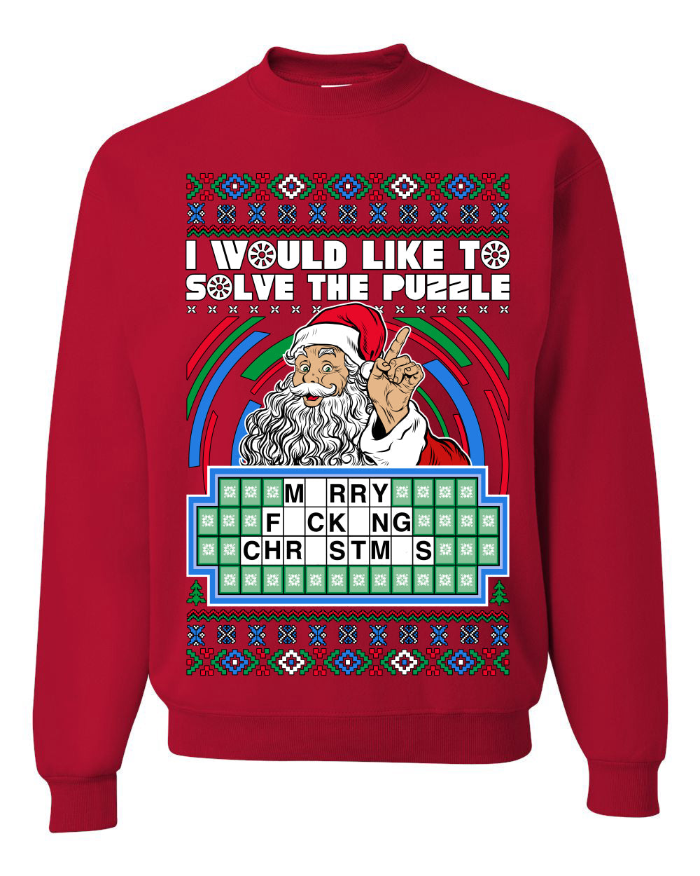 Santa Game Show I'd Like To Solve the Puzzle Wheel Ugly Christmas Sweater Unisex Crewneck Sweatshirt