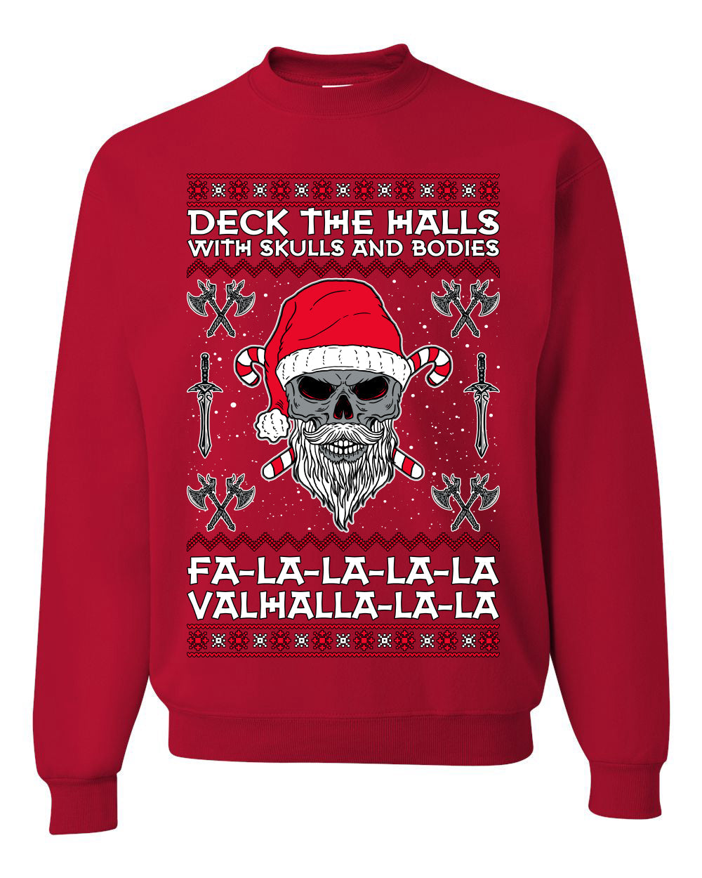 Valhalla Deck The Halls With Skulls & Bodies Ugly Christmas Sweater Unisex Crewneck Sweatshirt