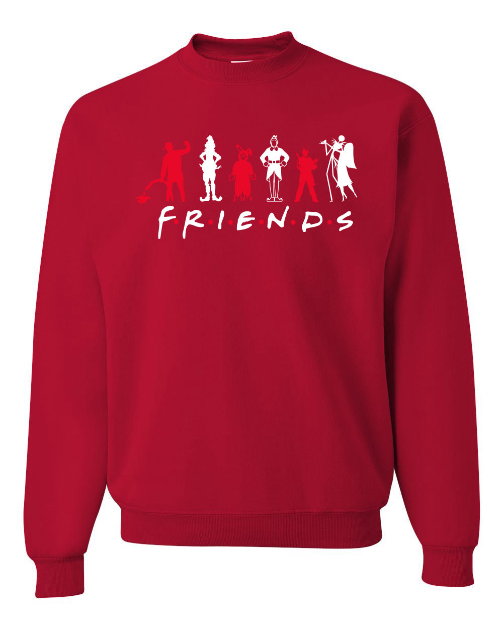 Iconic Holiday Movie Charcters Friends Parody Red White Ugly Christmas Sweater Unisex Crewneck Sweatshirt