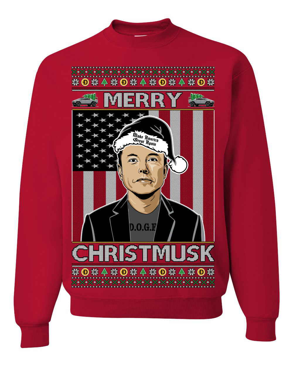Merry Christmusk Funny Dark MAGA Santa Elon Doge Meme Ugly Christmas Sweater Crewneck Sweatshirts
