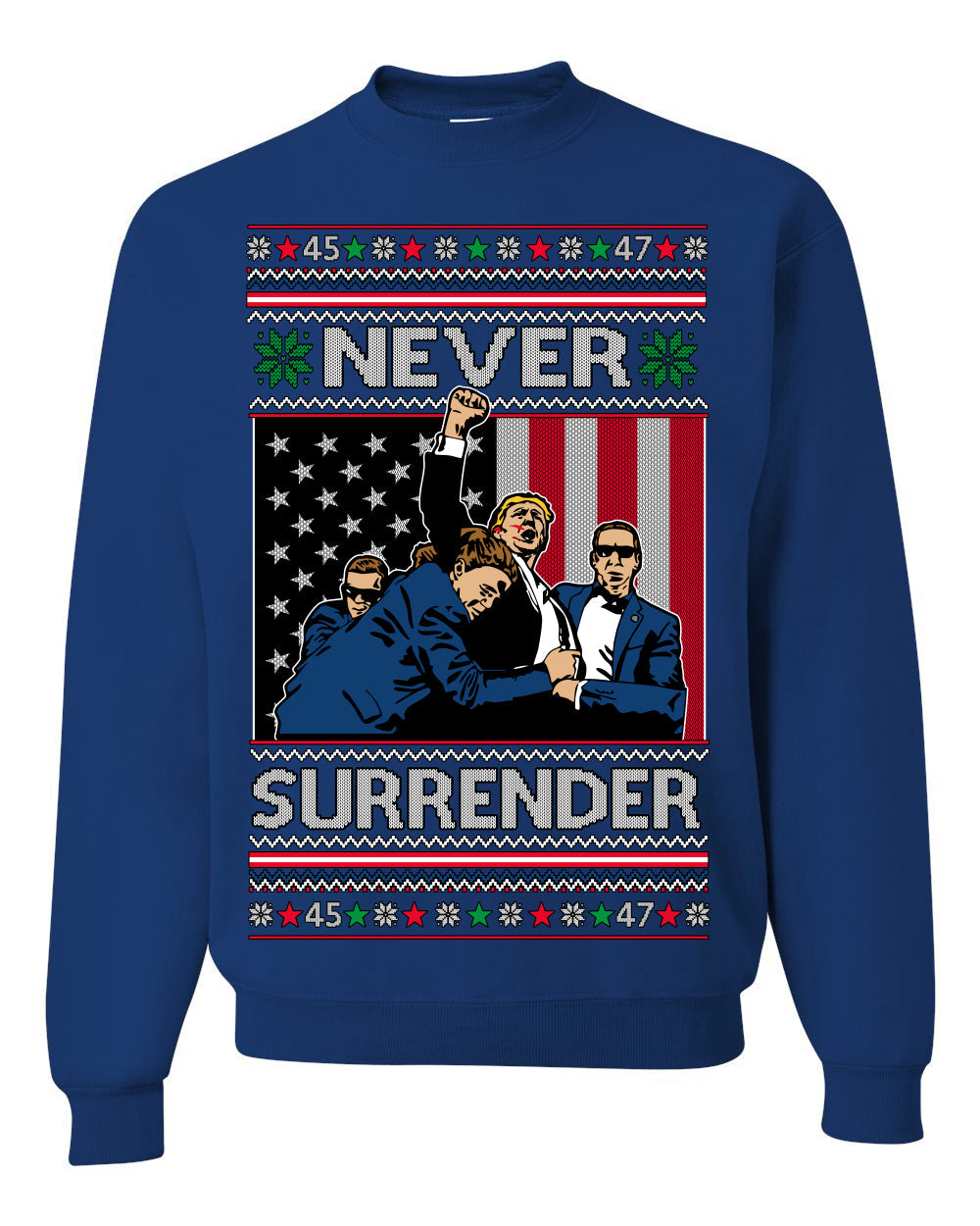 Never Surrender Pro Donald Trump Fight Fist Pump 2024 Ugly Christmas Sweater Crewneck Sweatshirt