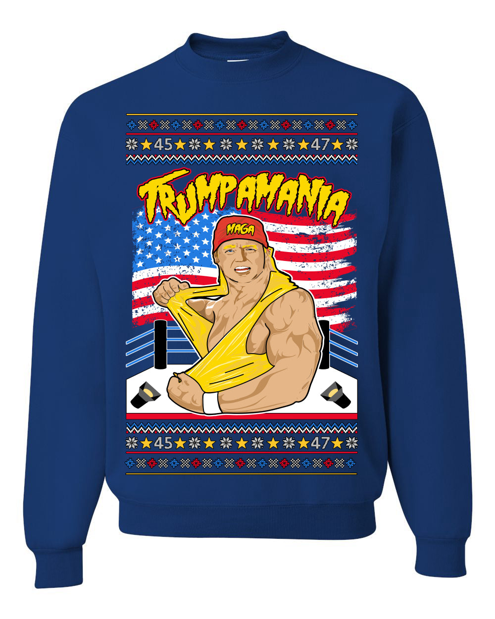 Trumpamania Funny Hogan 80s USA Wrestling Sports Parody Ugly Christmas Sweater Crewneck Sweatshirt