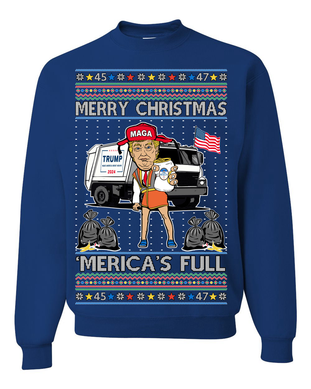 Donald Trump Merry Christmas Merica's Full Garbage Truck Ugly Christmas Sweater Crewneck Sweatshirt
