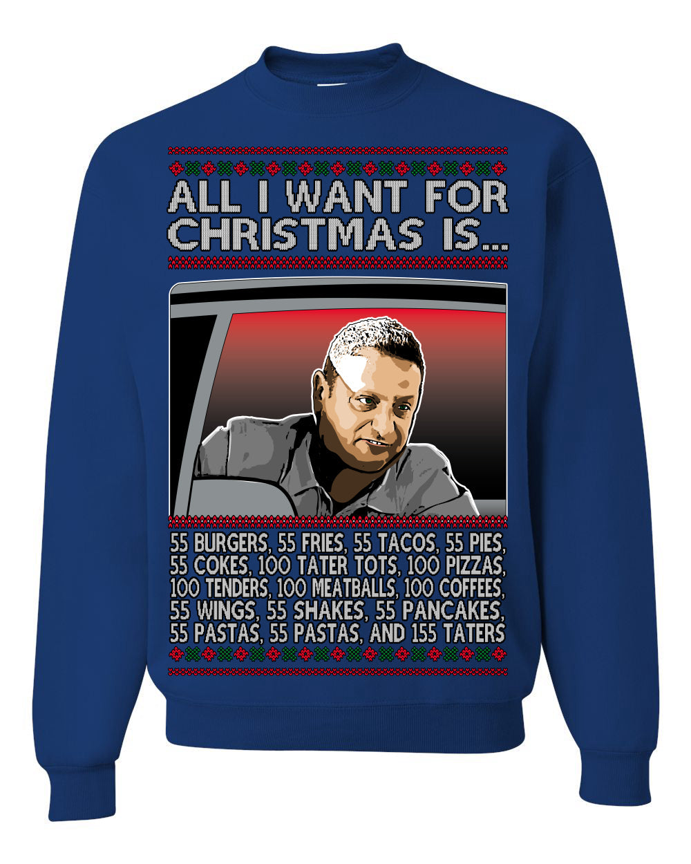 All I Want for Christmas Is 55 Burgers 55 Fries 55 Tacos 55 Pies, Funny Viral I Think Tim TV Show Gen Z Alpha Brainrot Meme Ugly Christmas Sweater Crewneck Sweatshirt