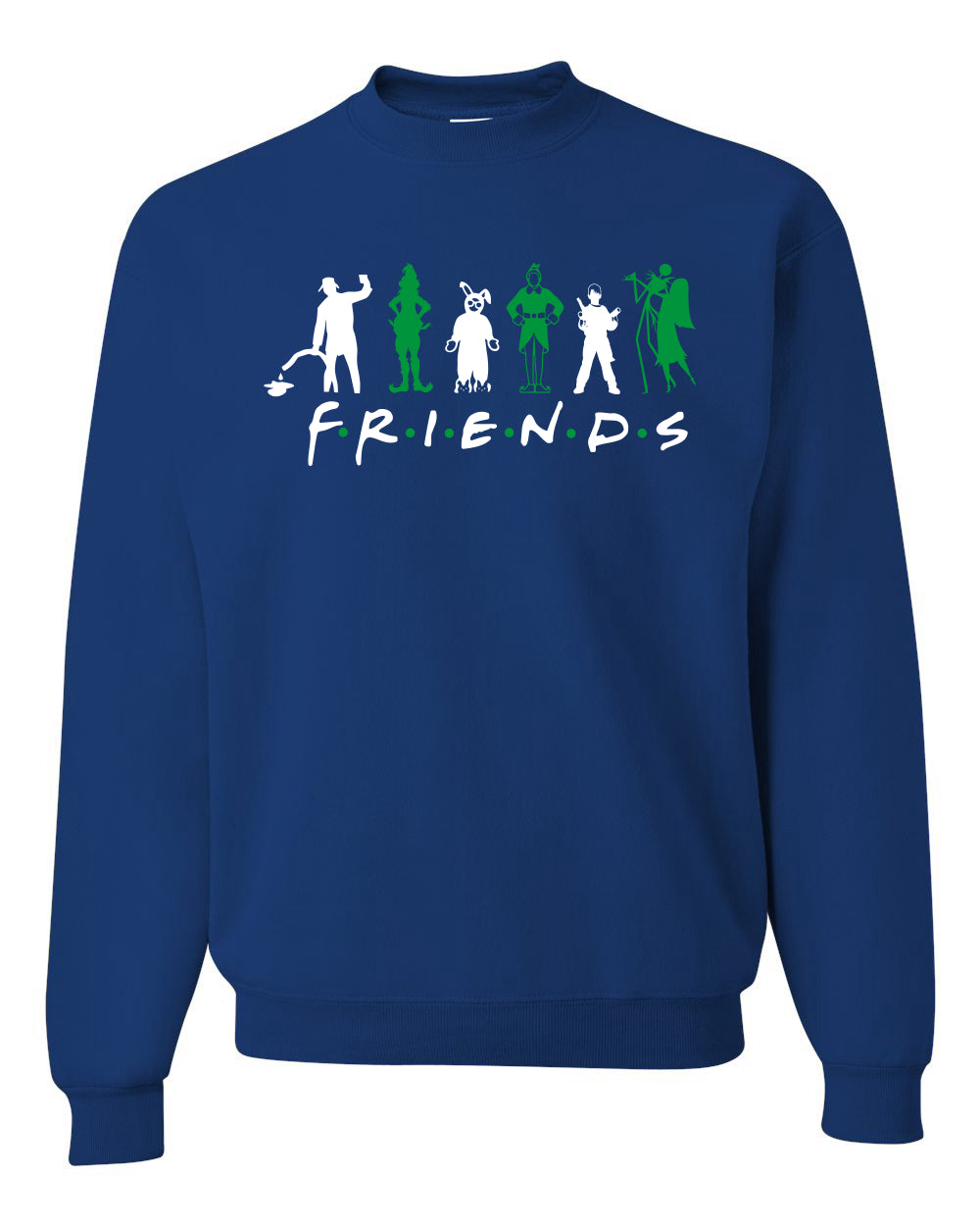 Iconic Holiday Movie Characters Friends Parody Green White Ugly Christmas Sweater Unisex Crewneck Sweatshirt