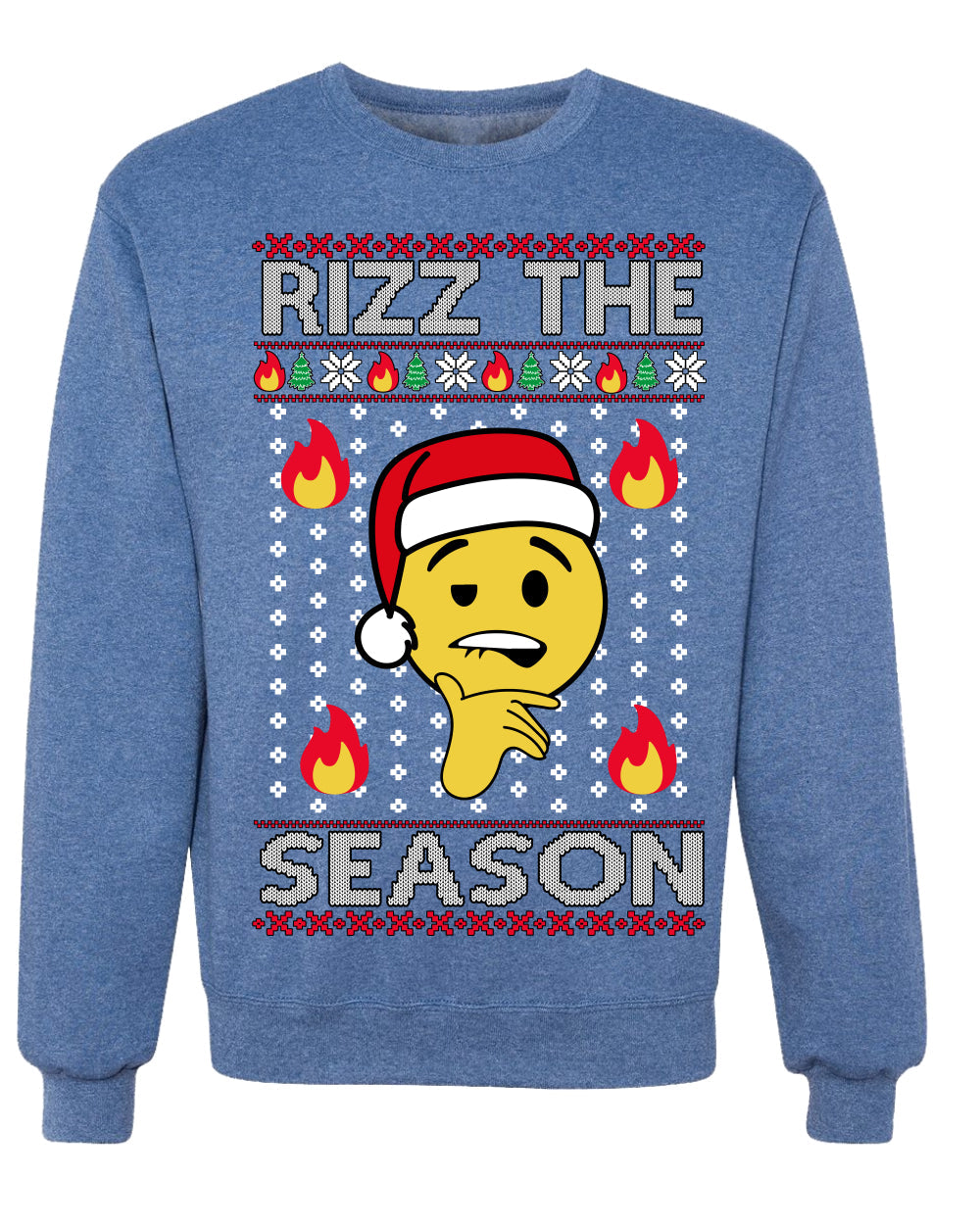 Rizz the Season Viral Internet Fire Emoji Face Meme Ugly Christmas Sweater Crewneck Sweatshirt