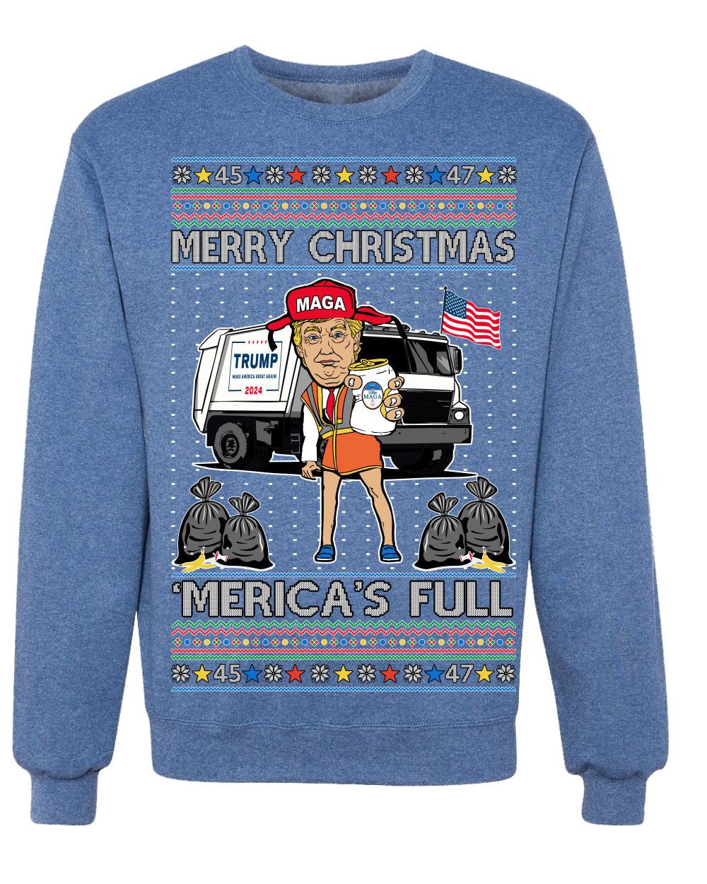 Donald Trump Merry Christmas Merica's Full Garbage Truck Ugly Christmas Sweater Crewneck Sweatshirt