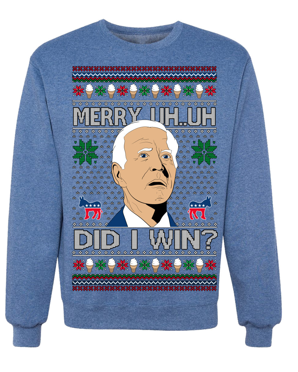 Merry Uh Did I Win? Funny Confused Joe Biden Election 2024 Ugly Christmas Sweater Crewneck Sweatshirt