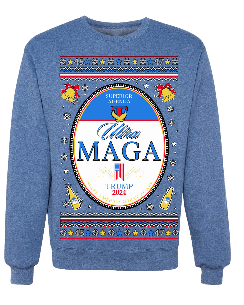 Ultra MAGA Superior Agenda Trump 2024 Funny Beer Logo Ugly Christmas Sweater Crewneck Sweatshirt