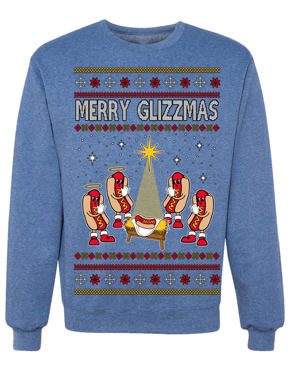 Merry Glizzmas, Funny Glizzy Hot Dog Baby Jesus Catholic Nativity, Fast Food Mustard Condiment Glizzys Humor Ugly Christmas Sweater Crewneck Sweatshirt