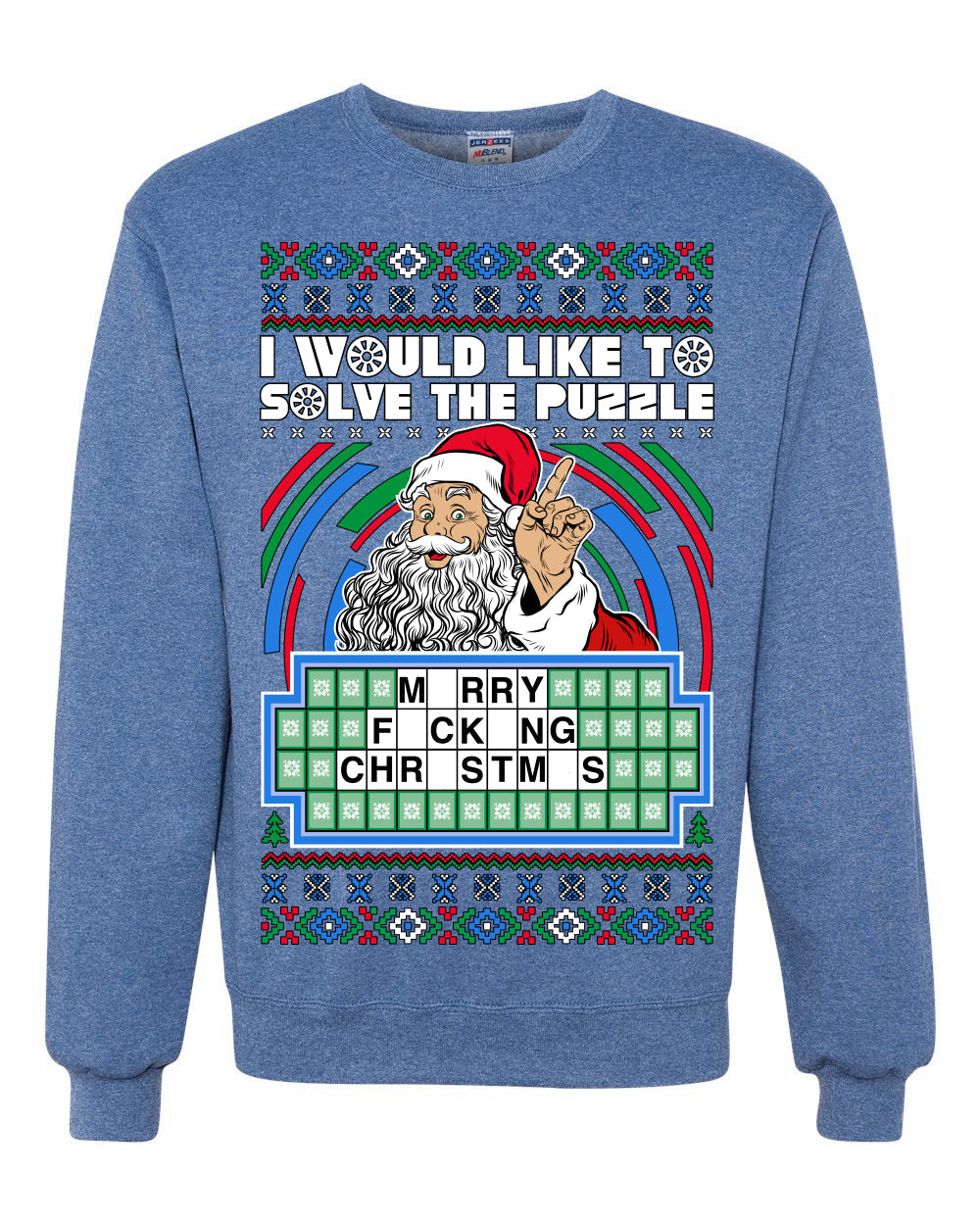 Santa Game Show I'd Like To Solve the Puzzle Wheel Ugly Christmas Sweater Unisex Crewneck Sweatshirt