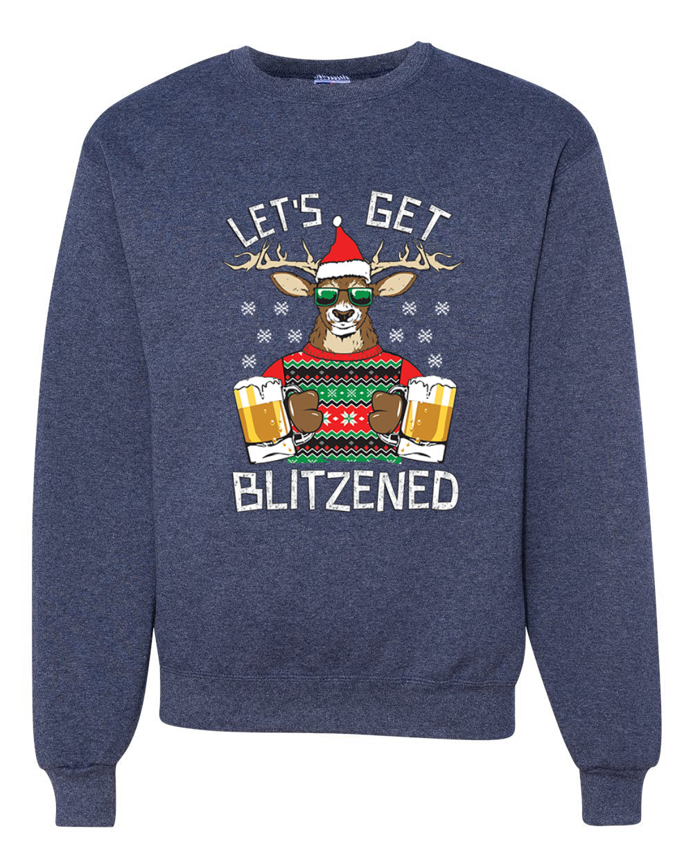 Lets Get Blitzened Deer With Beer Merry Christmas Unisex Crewneck Graphic Sweatshirt